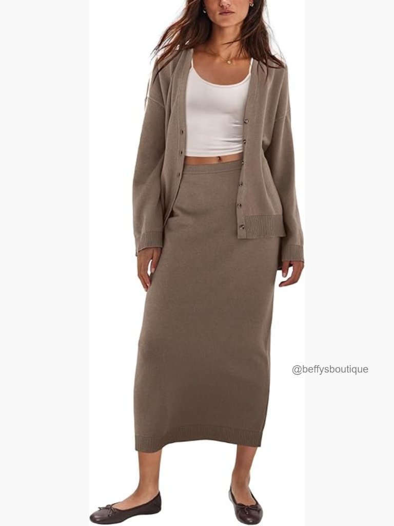 Large 2-Piece Sweater Skirt Set Long Sleeve Cardigan Maxi Skirt Lounge Outfit